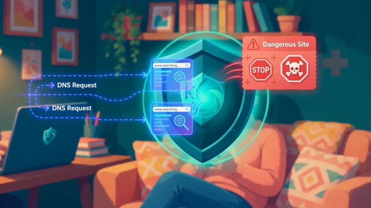 Illustration of Koru Shield DNS protection blocking dangerous sites before they reach home devices